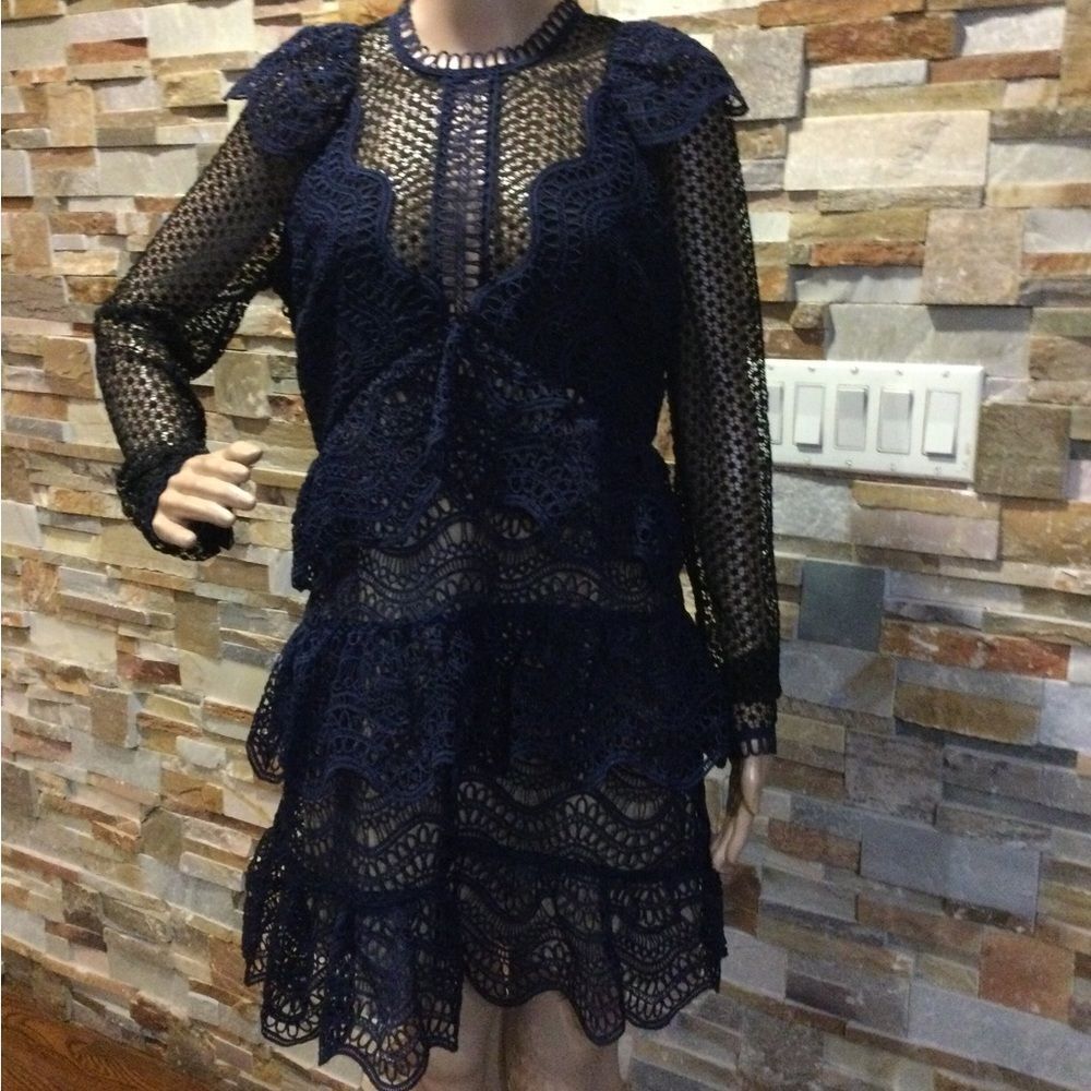 SELF PORTRAIT Navy/ Nude Tiered Guipure Lace Mini Dress